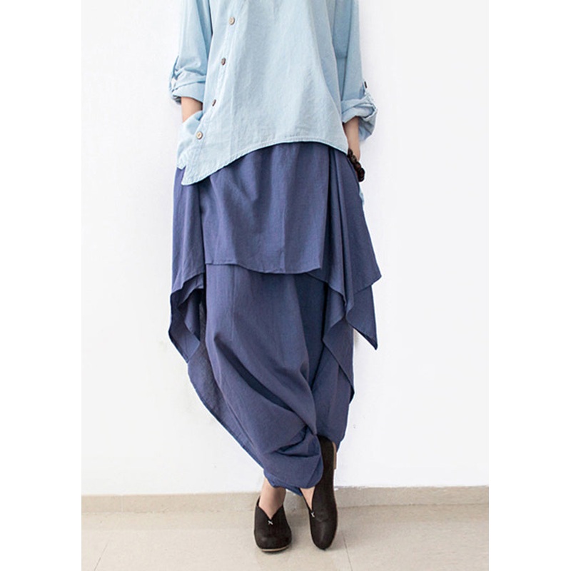 DIY Blue Asymmetrical Design Pockets Linen Pants Skirt Fall