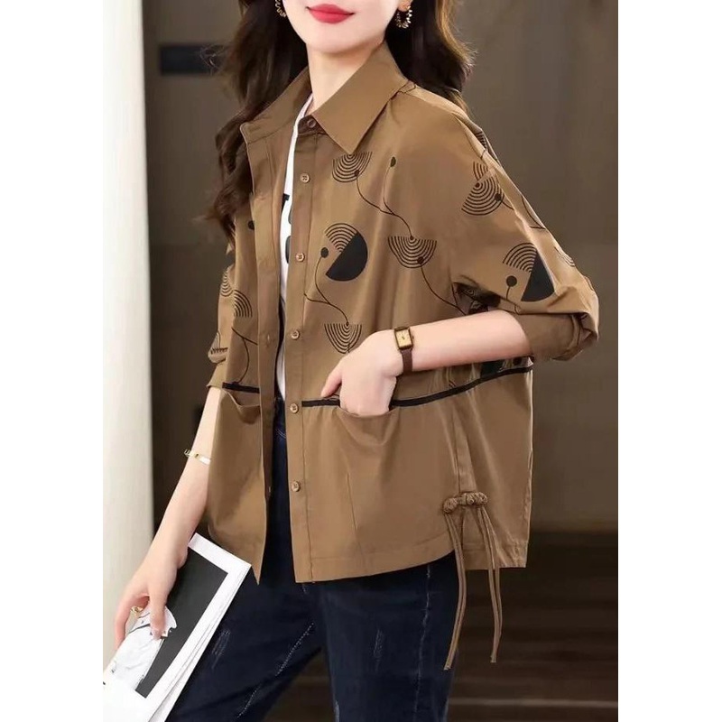 DIY Coffee Peter Pan Collar Print Chinese Button Cotton Coat Fall