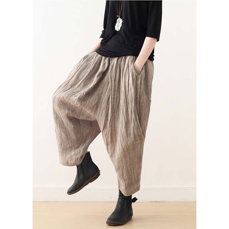 Elegant Khaki Tie Dye Wrinkled Linen Harem Pants Fall