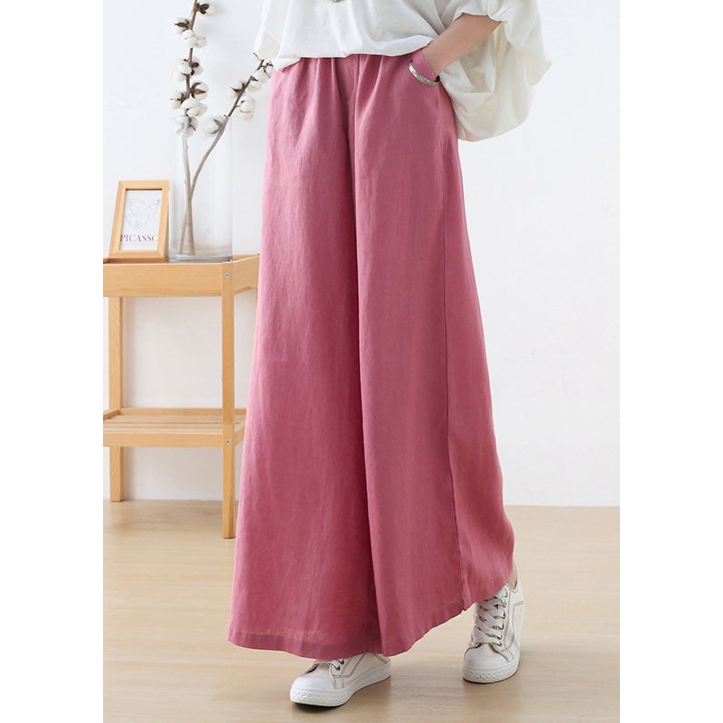 Elegant Pink Elastic Waist Pockets Linen Wide Leg Pants Fall