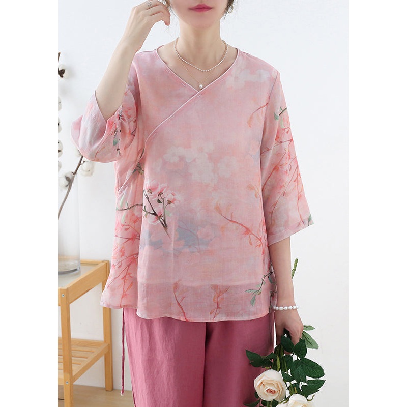 Elegant Pink V Neck Print Linen Shirt Top Half Sleeve