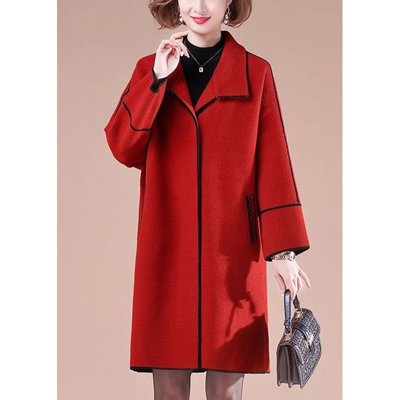 Elegant Red Oversized Patchwork Woolen Coats Winter