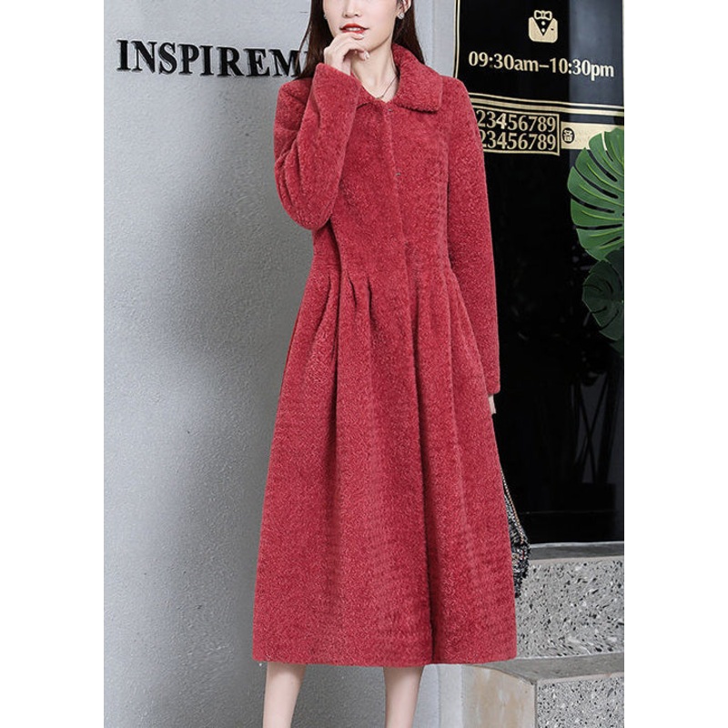 Elegant Watermelon Red Peter Pan Collar Thick Cashmere Trench Winter