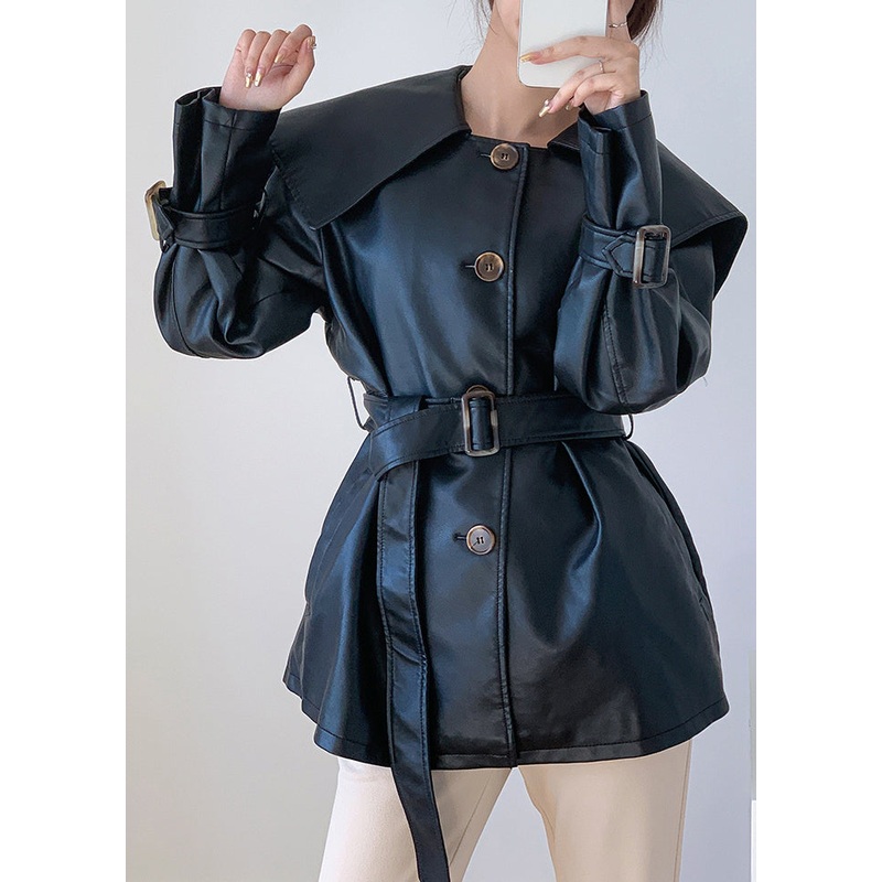 Fashion Black Tie Waist Button Patchwork Faux Leather Jacket Fall