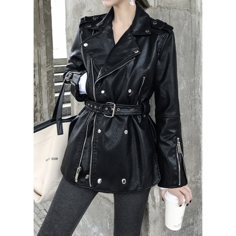 Fashion Black Zip Up Tie Waist Patchwork Faux Leather Coats Fall