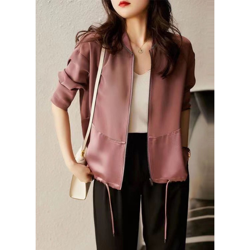 Fashion Purple Pink Zip Up Patchwork Drawstring Cotton Jacket Fall