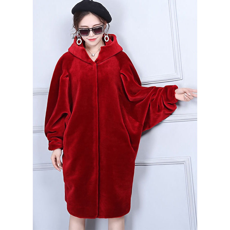 Fashion Red Oversized Wrinkled Cashmere Jackets Batwing Sleeve