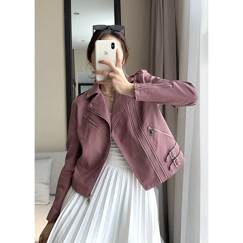 Fitted Pink Zip Up Pockets Patchwork Faux Leather Coat Fall