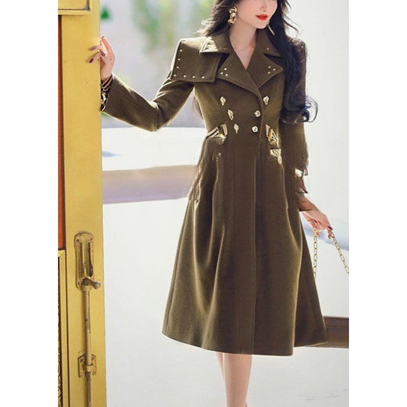 French Army Green Rivet Patchwork Slim Fit Woolen Trench Winter