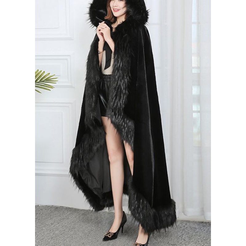 French Black Fur Collar Hooded Faux Fur Cloak Winter