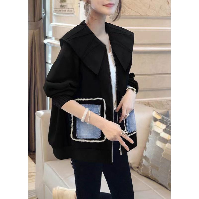 French Black Peter Pan Collar Patchwork Cotton Coats Fall