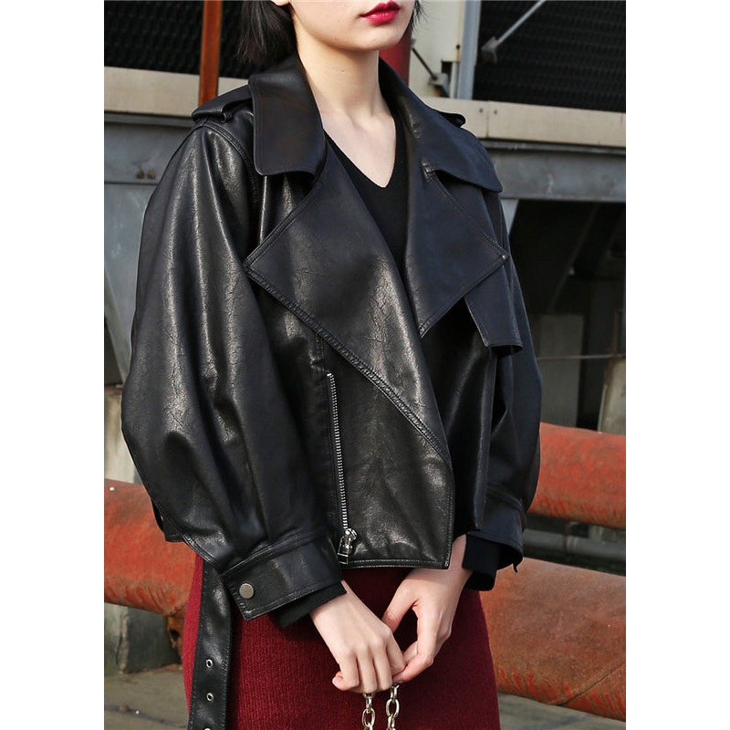 French Black Peter Pan Collar Zippered Patchwork Faux Leather Coat Fall