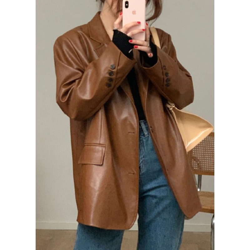 French Coffee Pockets Button Patchwork Faux Leather Coats Fall