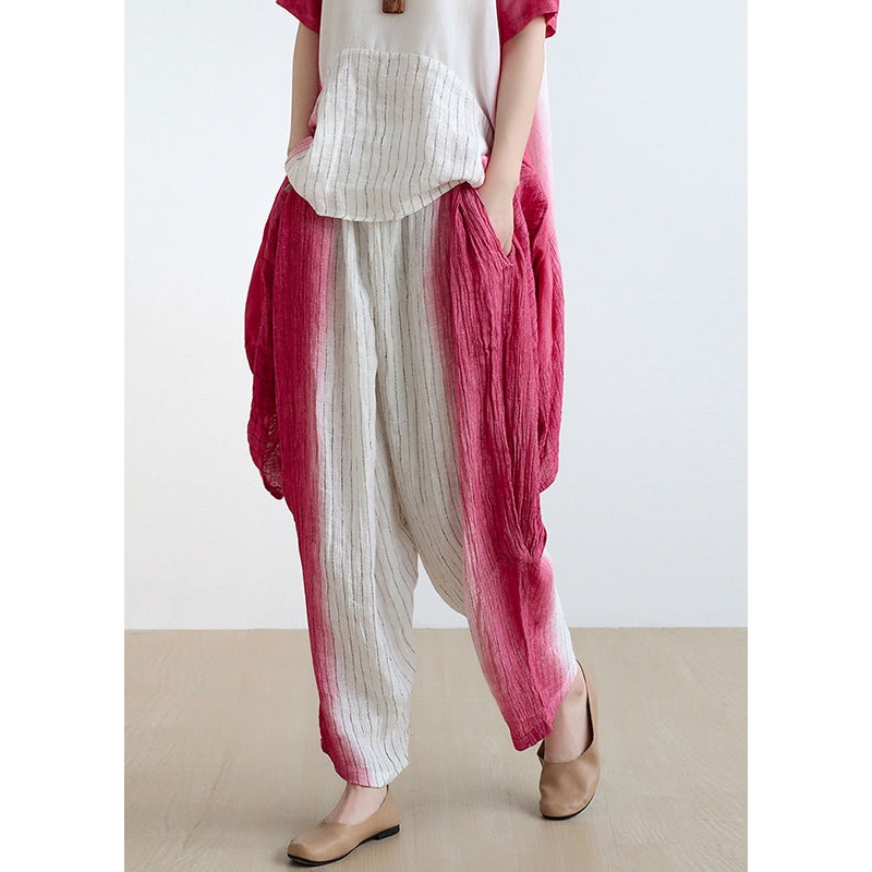 French Gradient Color Oversized Striped Linen Harem Pants Fall