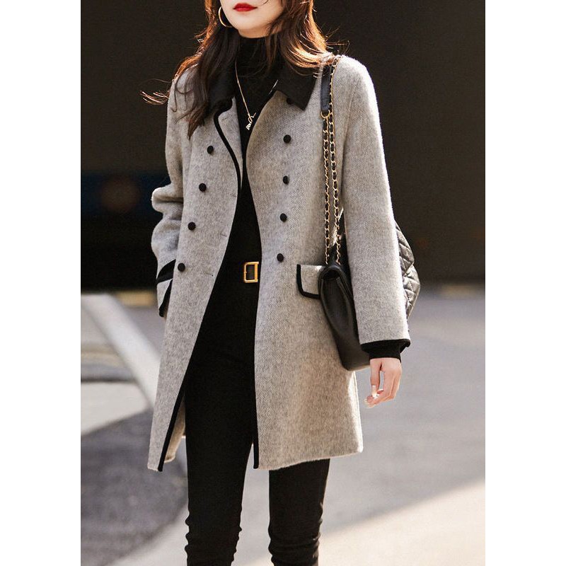 French Grey Double Breast Patchwork Woolen Trench Fall