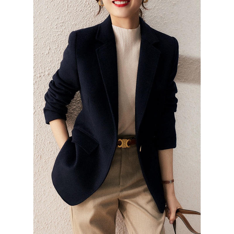 French Navy Lapel Black Open Slim Fit Woolen Coat Fall