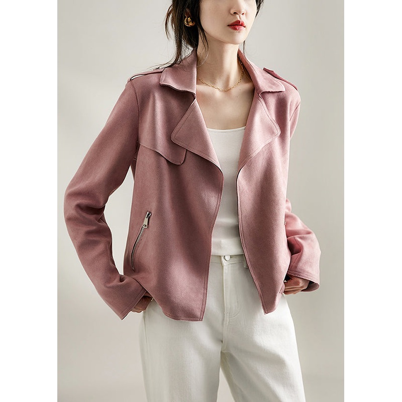 French Pink Lapel Oversized Faux Suede Jacket Fall