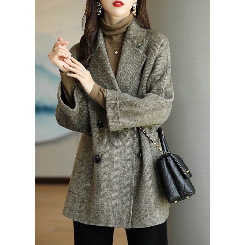 Grey Warm Woolen Coats Oversized Double Breast Fall