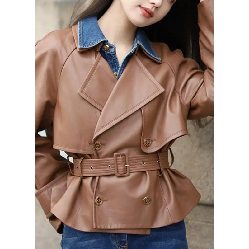 Italian Coffee Peter Pan Collar Tie Waist Faux Leather Coats Fall