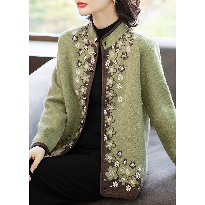 Italian Green Button Print Patchwork Knit Coats Fall