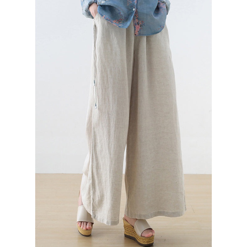 Light Grey Oversized Linen Straight Pants Trousers Tasseled Fall