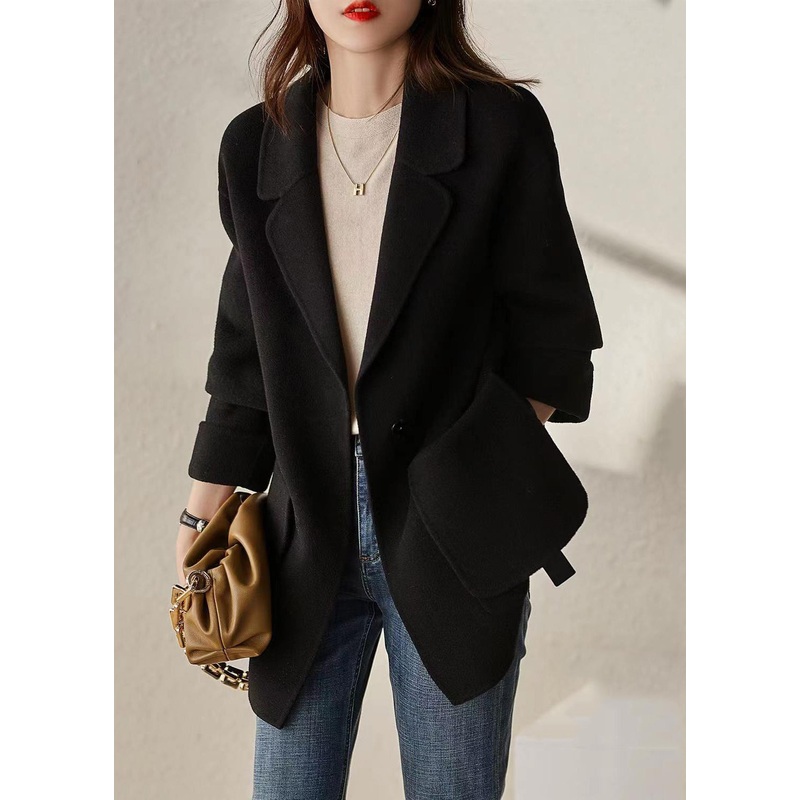 Modern Black Peter Pan Collar Pockets Woolen Trench Fall