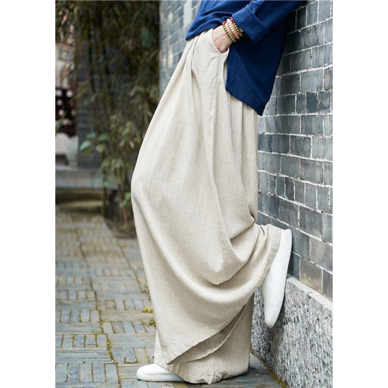Modern White Elastic Waist Draping Linen Straight Pants Fall