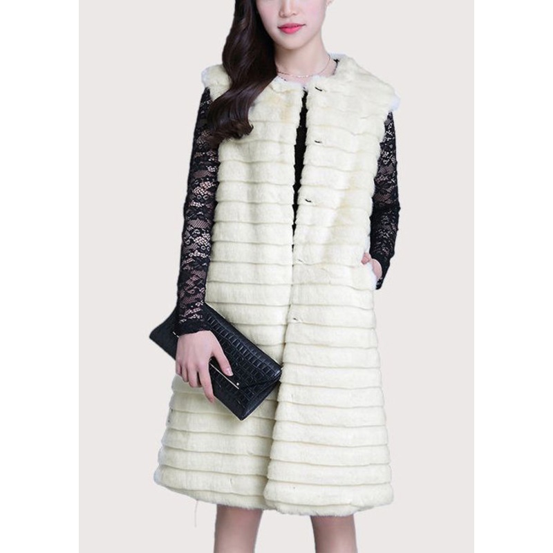 Organic Beige Striped Warm Faux Fur Long Vest Winter