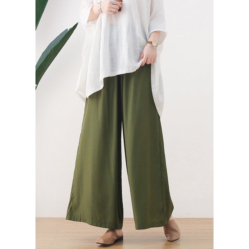 Organic Green Oversized Pockets Cotton Wide Leg Pants Fall