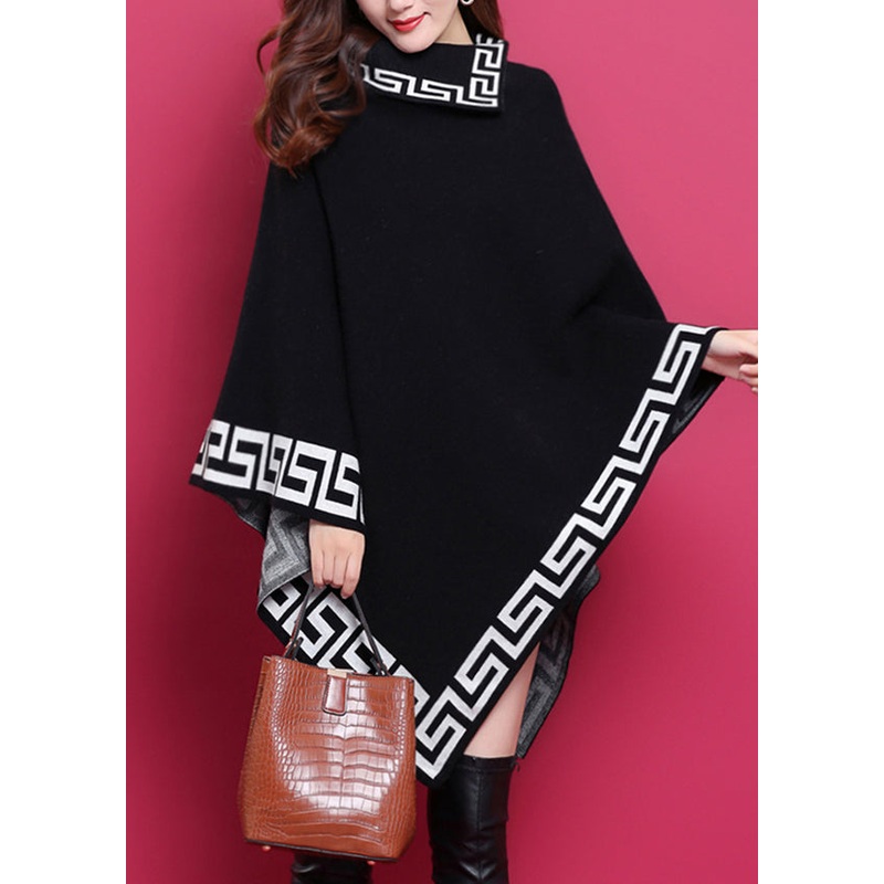 Plus Size Black Asymmetrical Print Patchwork Knit Sweaters Dresses Fall