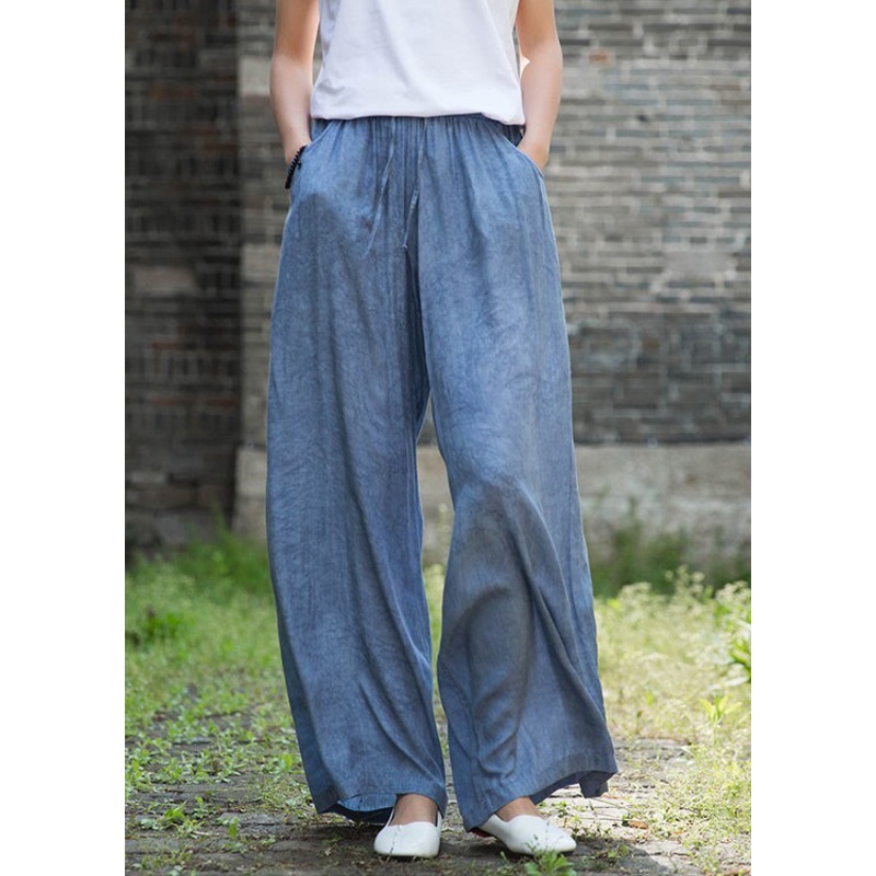 Plus Size Denim Blue Elastic Waist Pockets Cotton Straight Pants Fall