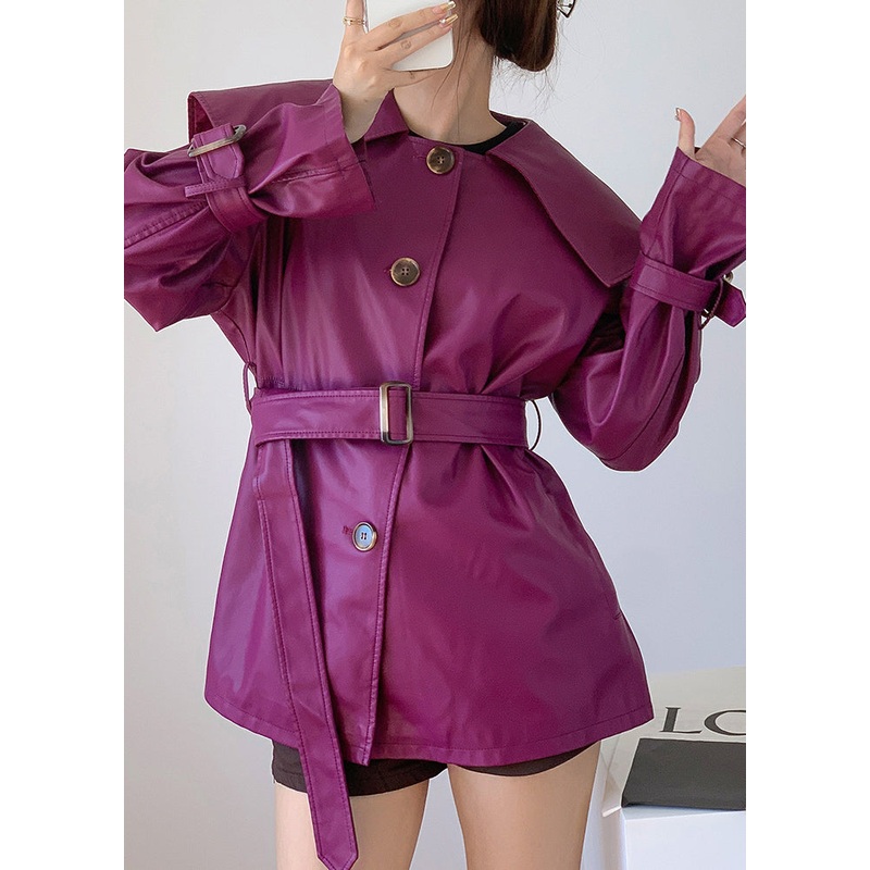 Purple Patchwork Faux Leather Trench Peter Pan Collar Button Fall