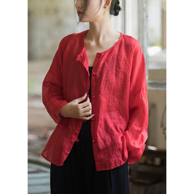 Red Loose Linen Shirts O-Neck Button Down Fall