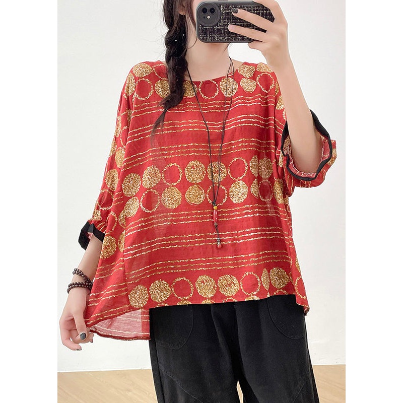 Red Print Linen Shirt Tops Oversized Bracelet Sleeve
