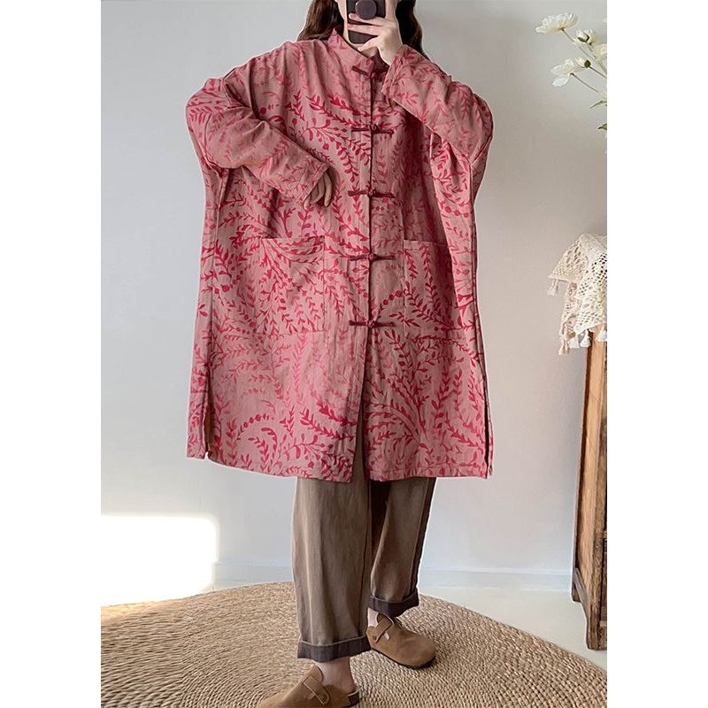 Red Print Linen Trench Oversized Chinese Button Fall