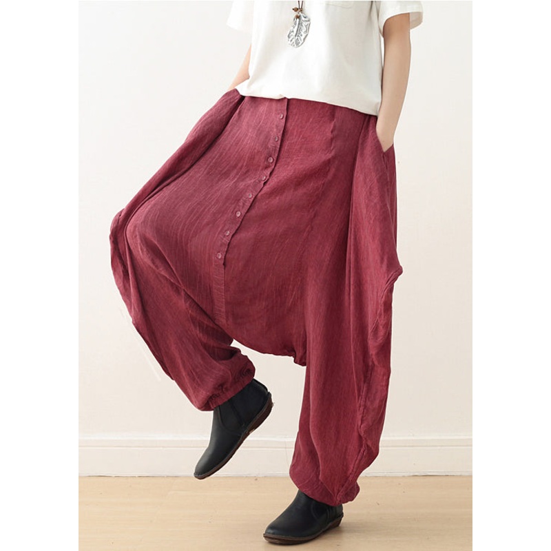 Red Tie Dye Cotton Harem Pants Asymmetrical Button Fall
