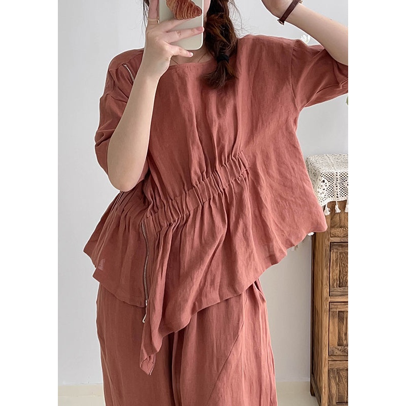 Simple Brick Red Asymmetrical Wrinkled Linen Shirts Summer