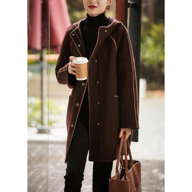Simple Brown Hooded Patchwork Woolen Coat Outwear Fall