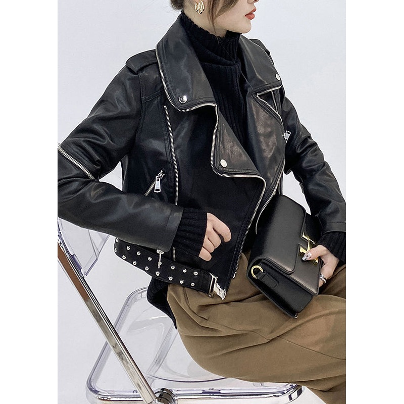 Style Black Peter Pan Collar Zippered Patchwork Faux Leather Jackets Fall