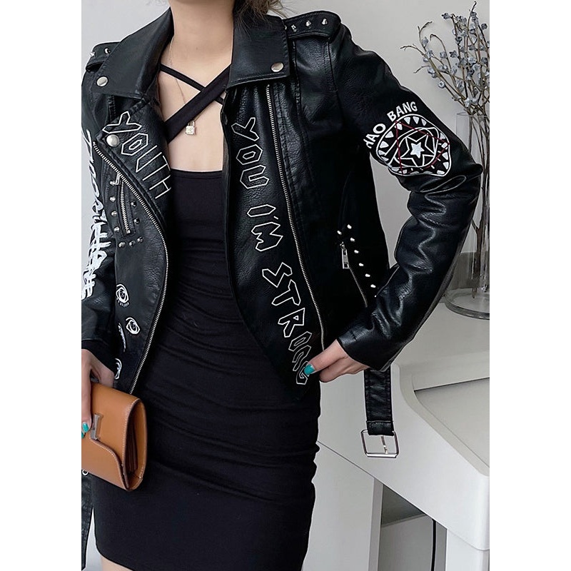 Style Black Zip Up Graphic Rivet Patchwork Faux Leather Jacket Fall