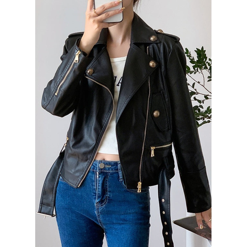 Style Black Zip Up Pockets Patchwork Faux Leather Jackets Fall