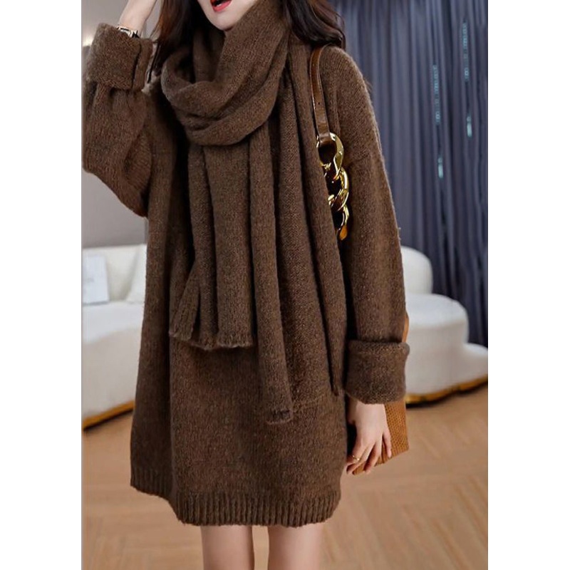 Style Coffee V Neck Oversized Knit Sweater Dress Winter