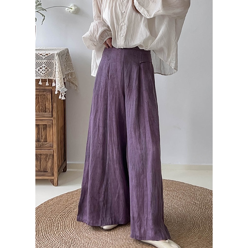 Style Purple High Waist Tie Dye Linen Wide Leg Pants Trousers Fall
