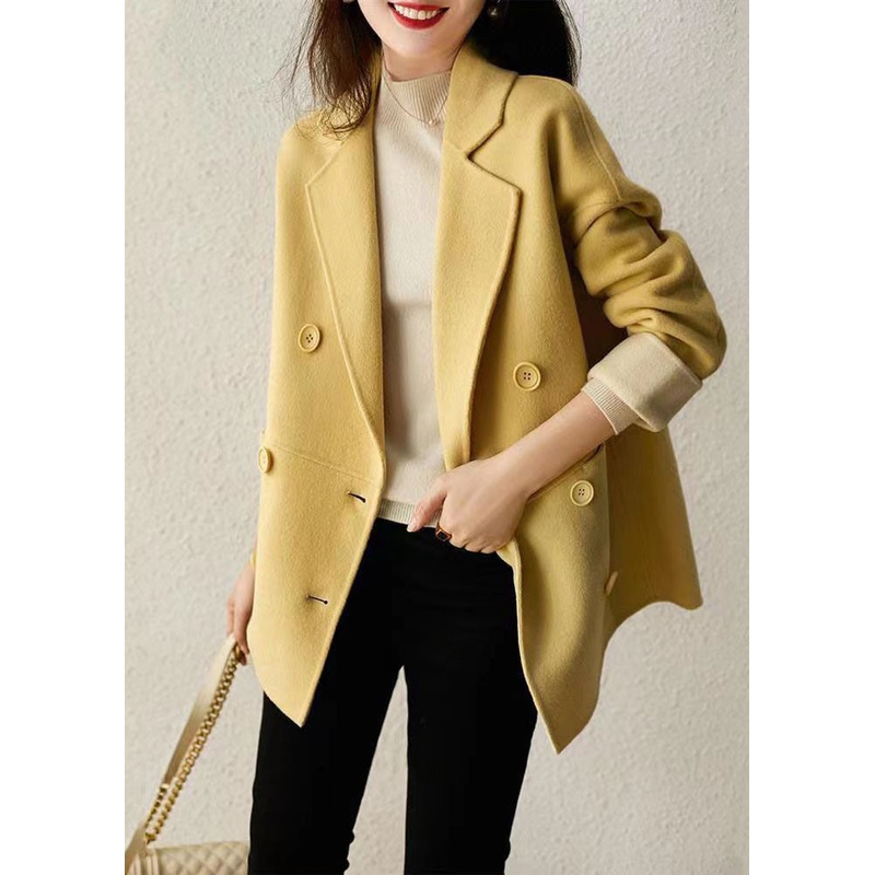 Style Yellow Double Breast Patchwork Woolen Jacket Fall