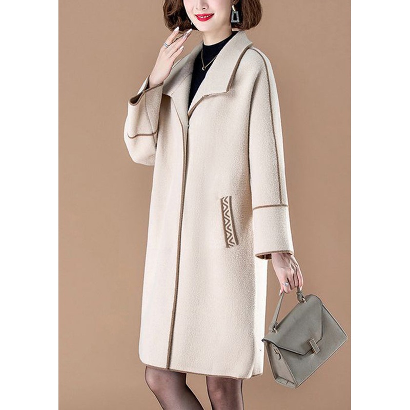 Stylish Beige Peter Pan Collar Patchwork Woolen Coats Winter