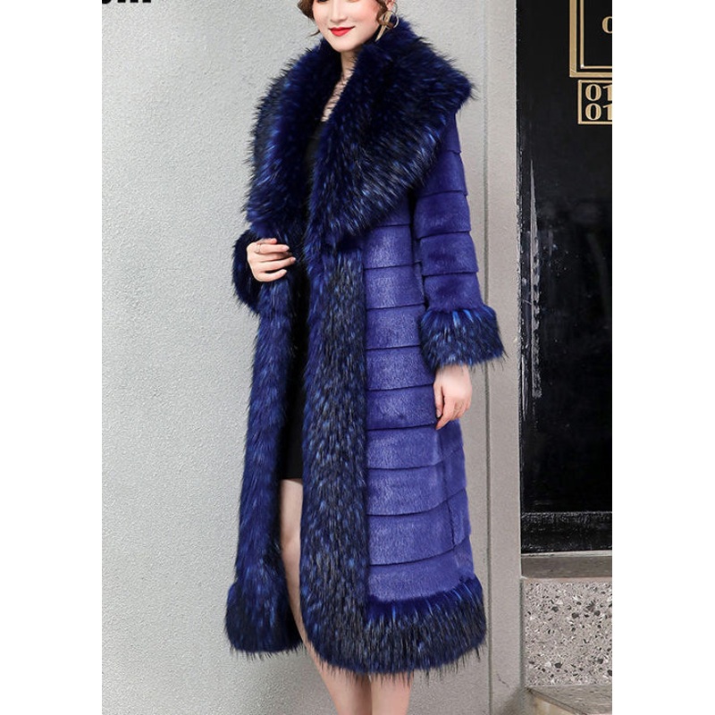 Stylish Blue Oversized Warm Faux Mink Hair Trench Winter