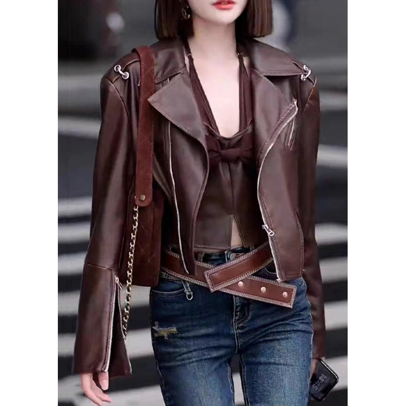 Stylish Coffee Peter Pan Collar Zip Up Patchwork Faux Leather Jackets Fall