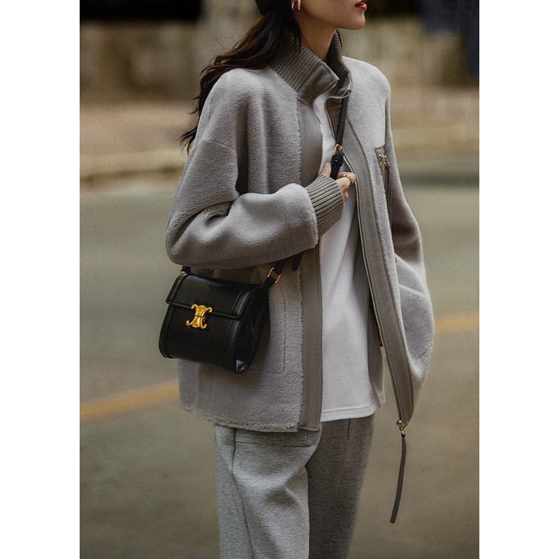 Stylish Grey Oversized PU Patchwork Wool Coat Fall