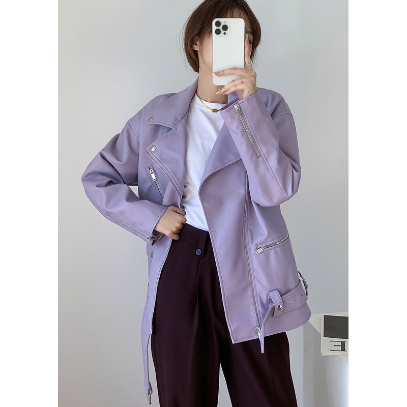 Stylish light Purple Zippered Pockets Patchwork Faux Leather Coats Fall