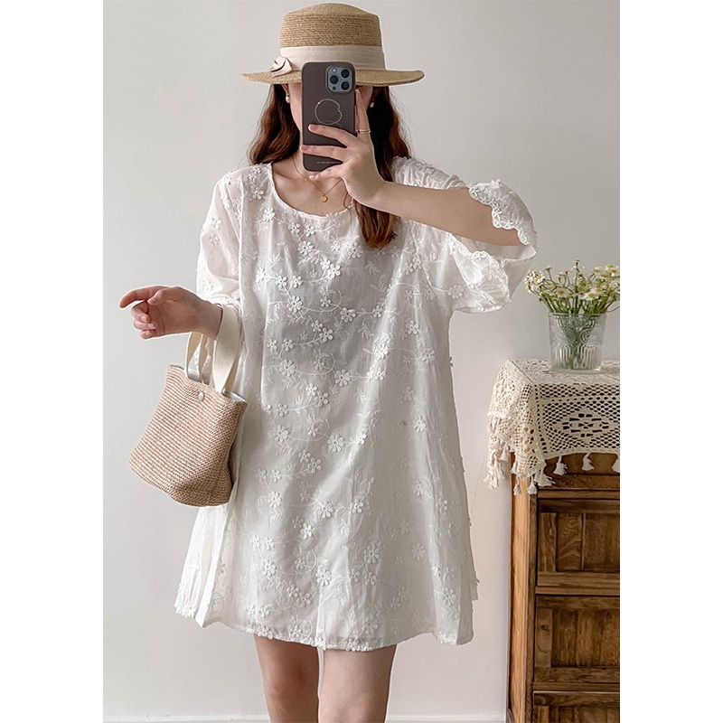 Stylish White Oversized Stereoscopic Floral Cotton Vacation Dress Summer